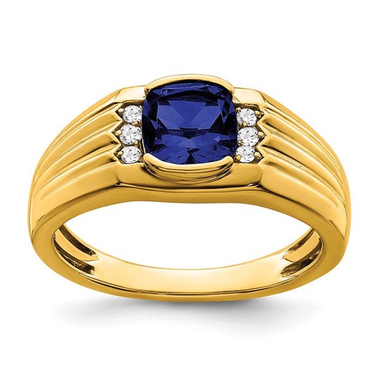 14K Yellow Gold Cushion Created Sapphire and Real Diamond Mens Ring