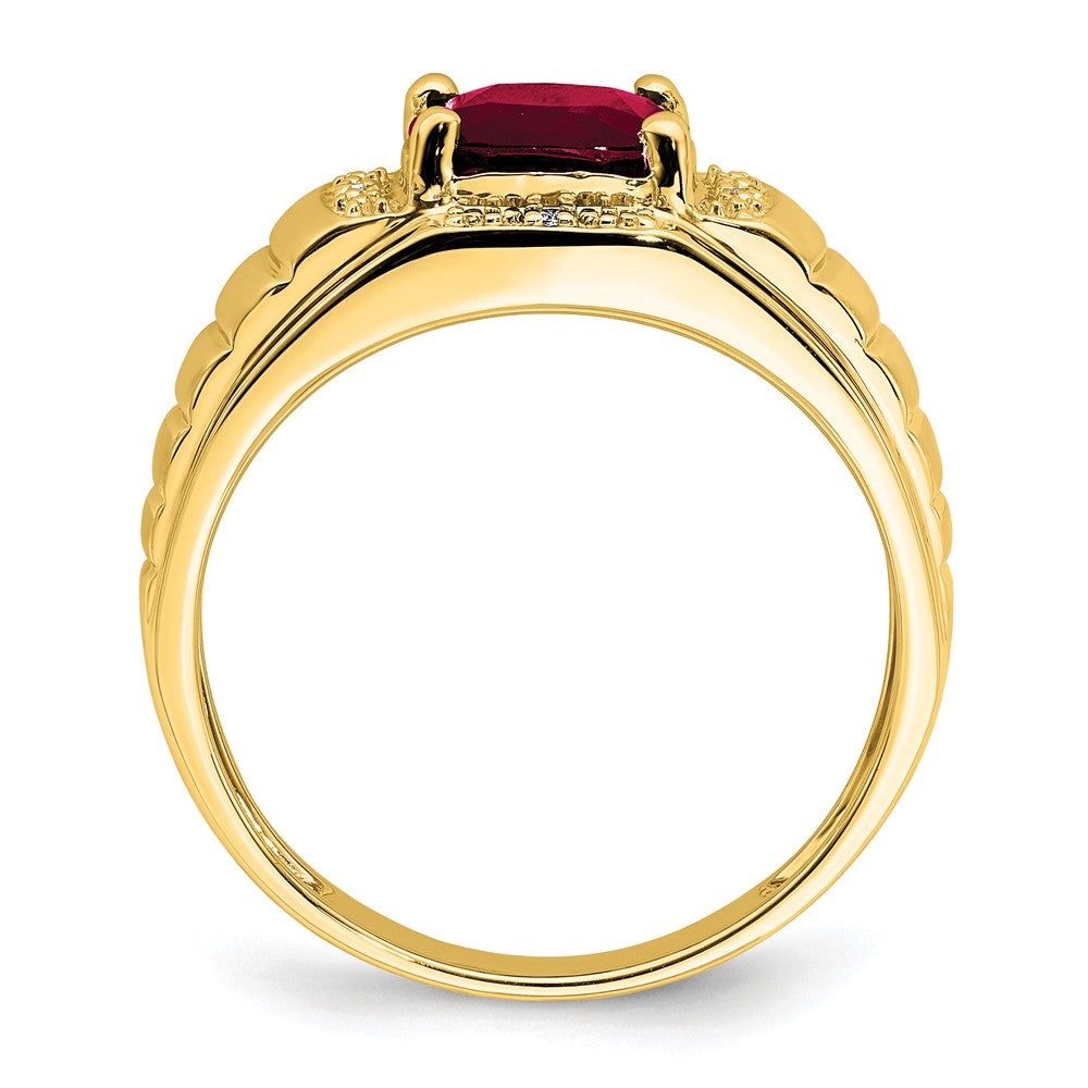 14K Yellow Gold Cushion Created Ruby and Real Diamond Mens Ring