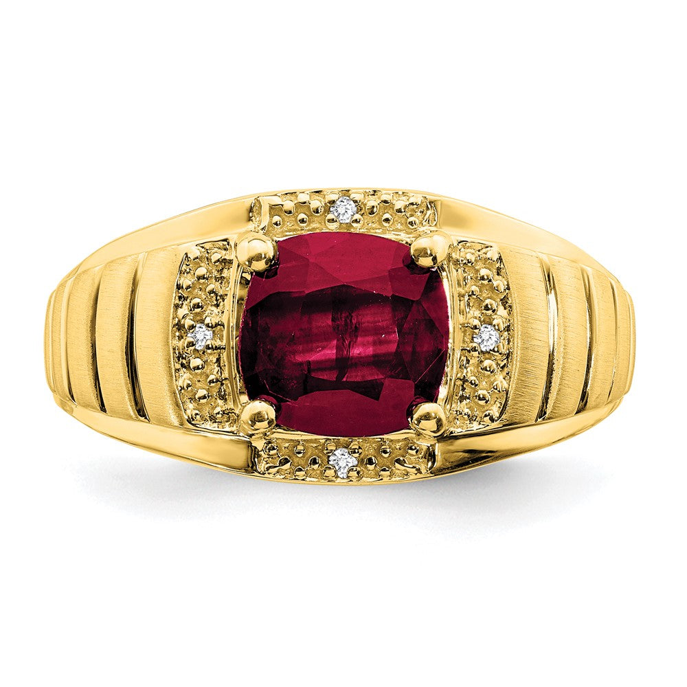 14K Yellow Gold Cushion Created Ruby and Real Diamond Mens Ring