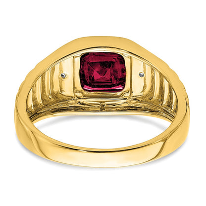 14K Yellow Gold Cushion Created Ruby and Real Diamond Mens Ring