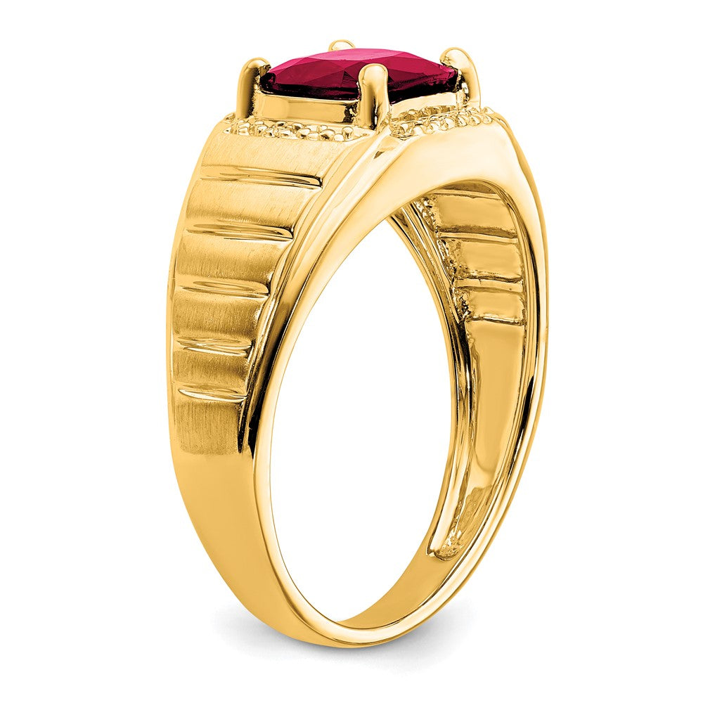14K Yellow Gold Cushion Created Ruby and Real Diamond Mens Ring