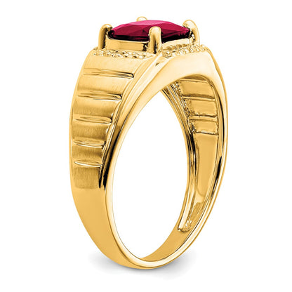 14K Yellow Gold Cushion Created Ruby and Real Diamond Mens Ring