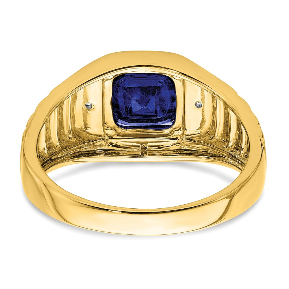 14K Yellow Gold Cushion Created Sapphire and Real Diamond Mens Ring