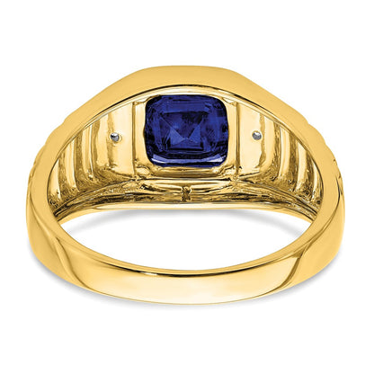 14K Yellow Gold Cushion Created Sapphire and Real Diamond Mens Ring