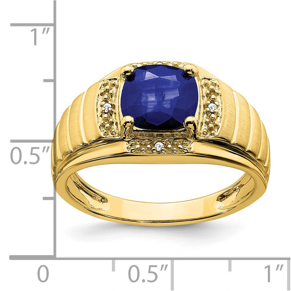 14K Yellow Gold Cushion Created Sapphire and Real Diamond Mens Ring