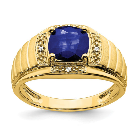 14K Yellow Gold Cushion Created Sapphire and Real Diamond Mens Ring