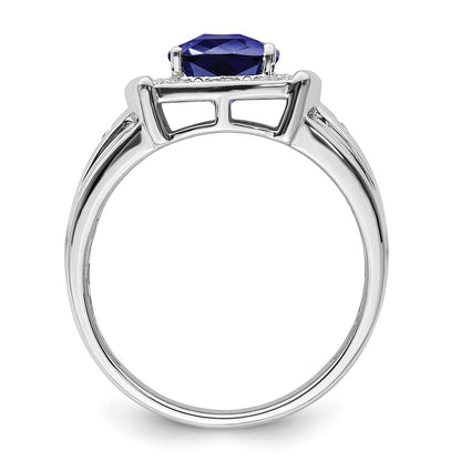 14k White Gold Cushion Created Sapphire and Real Diamond Mens Ring