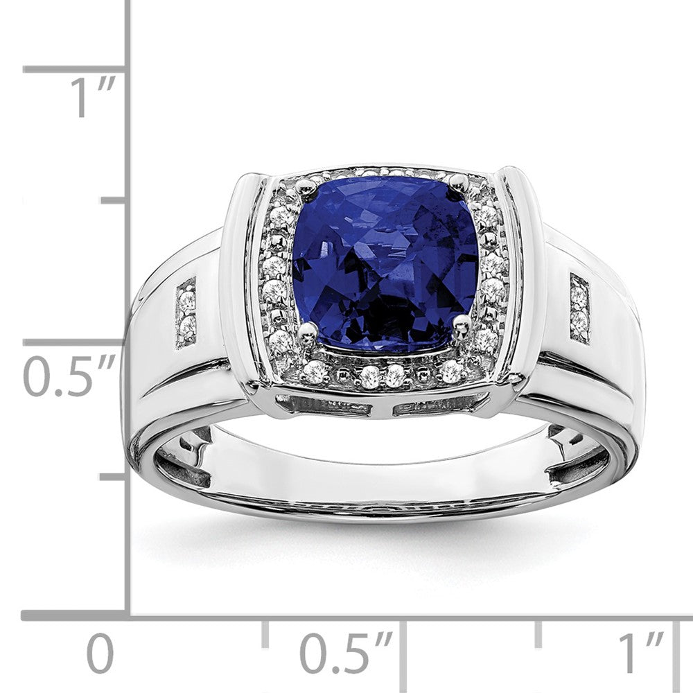 14k White Gold Cushion Created Sapphire and Real Diamond Mens Ring