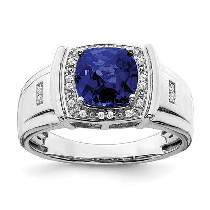 14k White Gold Cushion Created Sapphire and Real Diamond Mens Ring
