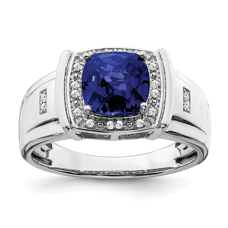 14k White Gold Cushion Created Sapphire and Real Diamond Mens Ring