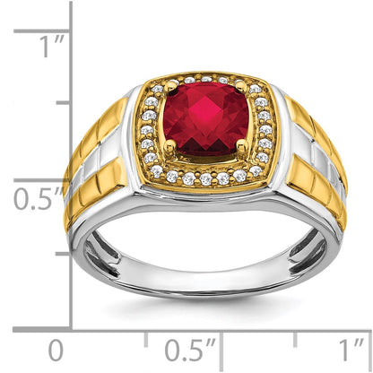 14k Two-Tone Gold Created Ruby and Real Diamond Mens Ring