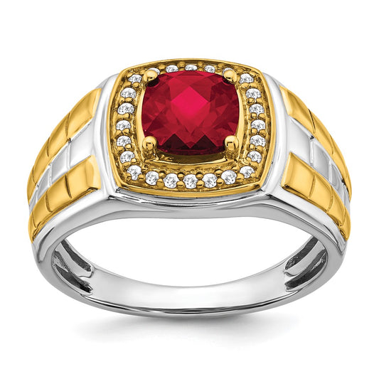 14k Two-Tone Gold Created Ruby and Real Diamond Mens Ring