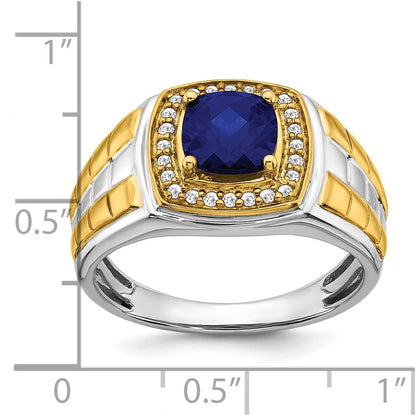 14k Two-Tone Gold Created Sapphire and Real Diamond Mens Ring