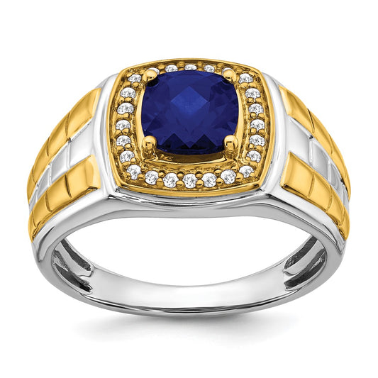 14k Two-Tone Gold Created Sapphire and Real Diamond Mens Ring