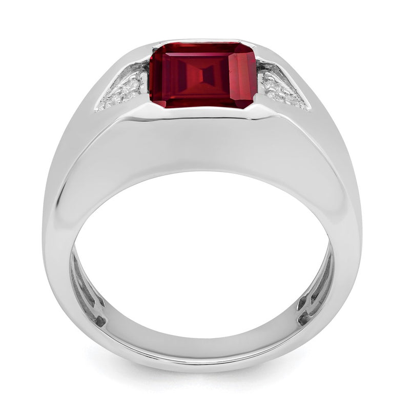 14k White Gold Emerald-cut Created Ruby and Real Diamond Mens Ring