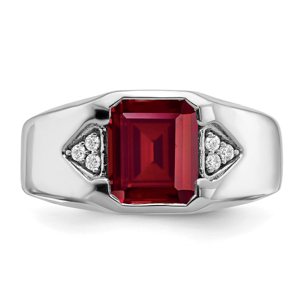14k White Gold Emerald-cut Created Ruby and Real Diamond Mens Ring
