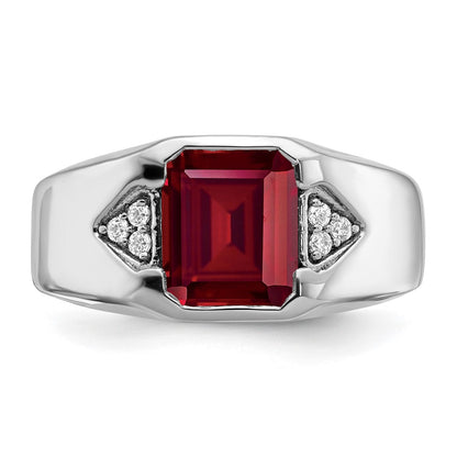 14k White Gold Emerald-cut Created Ruby and Real Diamond Mens Ring
