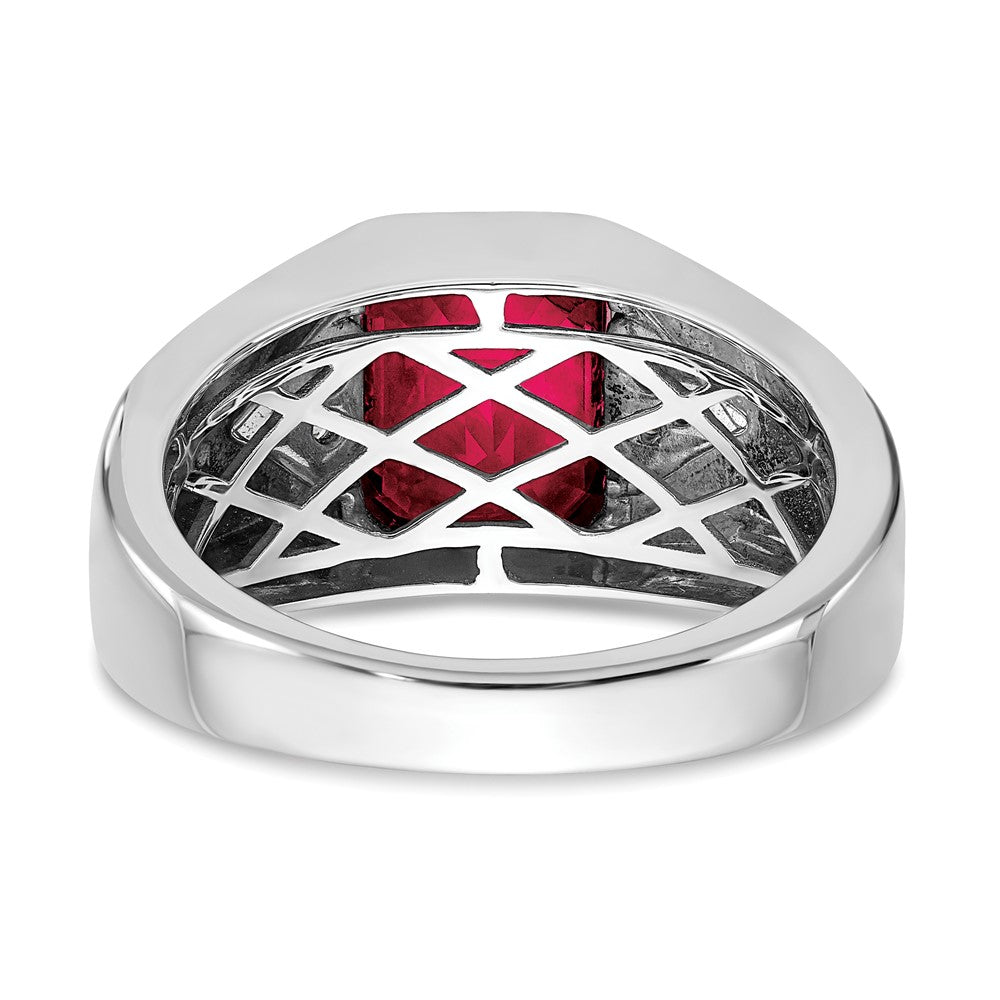 14k White Gold Emerald-cut Created Ruby and Real Diamond Mens Ring