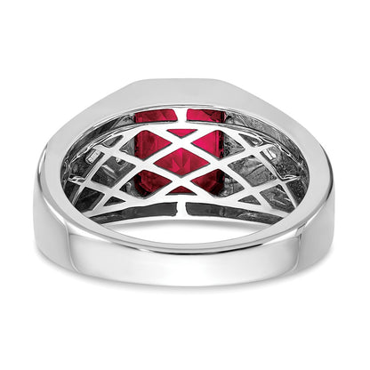 14k White Gold Emerald-cut Created Ruby and Real Diamond Mens Ring