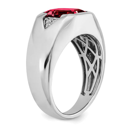 14k White Gold Emerald-cut Created Ruby and Real Diamond Mens Ring