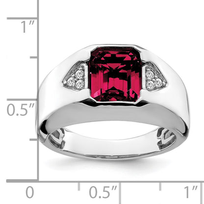 14k White Gold Emerald-cut Created Ruby and Real Diamond Mens Ring