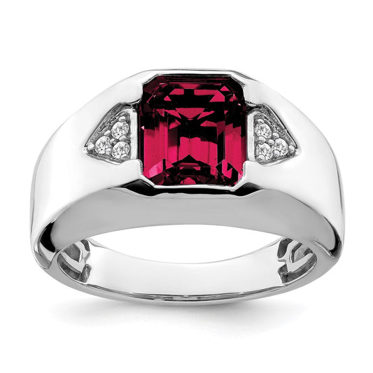 14k White Gold Emerald-cut Created Ruby and Real Diamond Mens Ring