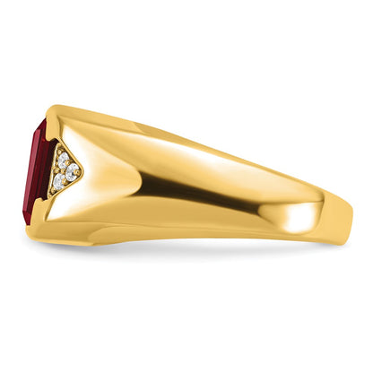 14K Yellow Gold Emerald-cut Created Ruby and Real Diamond Mens Ring