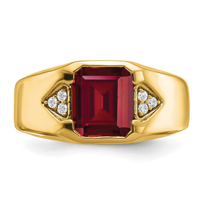 14K Yellow Gold Emerald-cut Created Ruby and Real Diamond Mens Ring