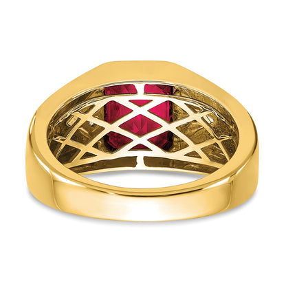 14K Yellow Gold Emerald-cut Created Ruby and Real Diamond Mens Ring