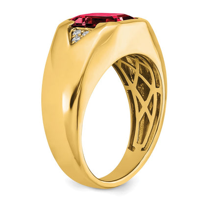 14K Yellow Gold Emerald-cut Created Ruby and Real Diamond Mens Ring
