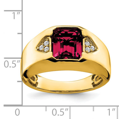 14K Yellow Gold Emerald-cut Created Ruby and Real Diamond Mens Ring