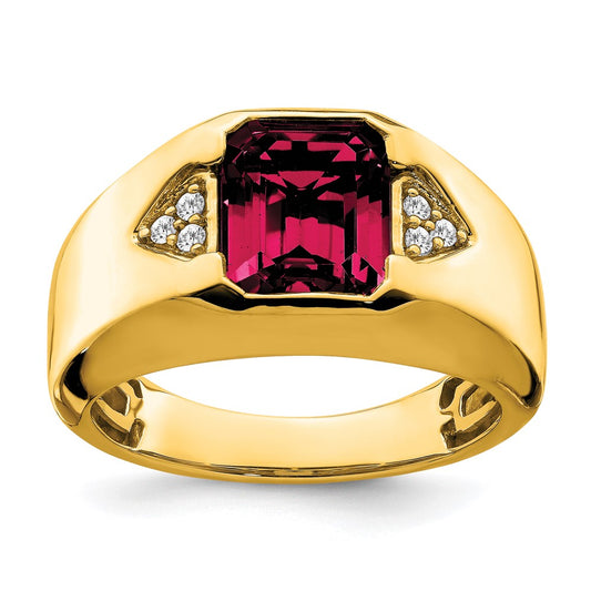 14K Yellow Gold Emerald-cut Created Ruby and Real Diamond Mens Ring