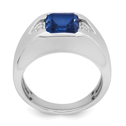 14k White Gold Emerald-cut Created Sapphire and Real Diamond Mens Ring