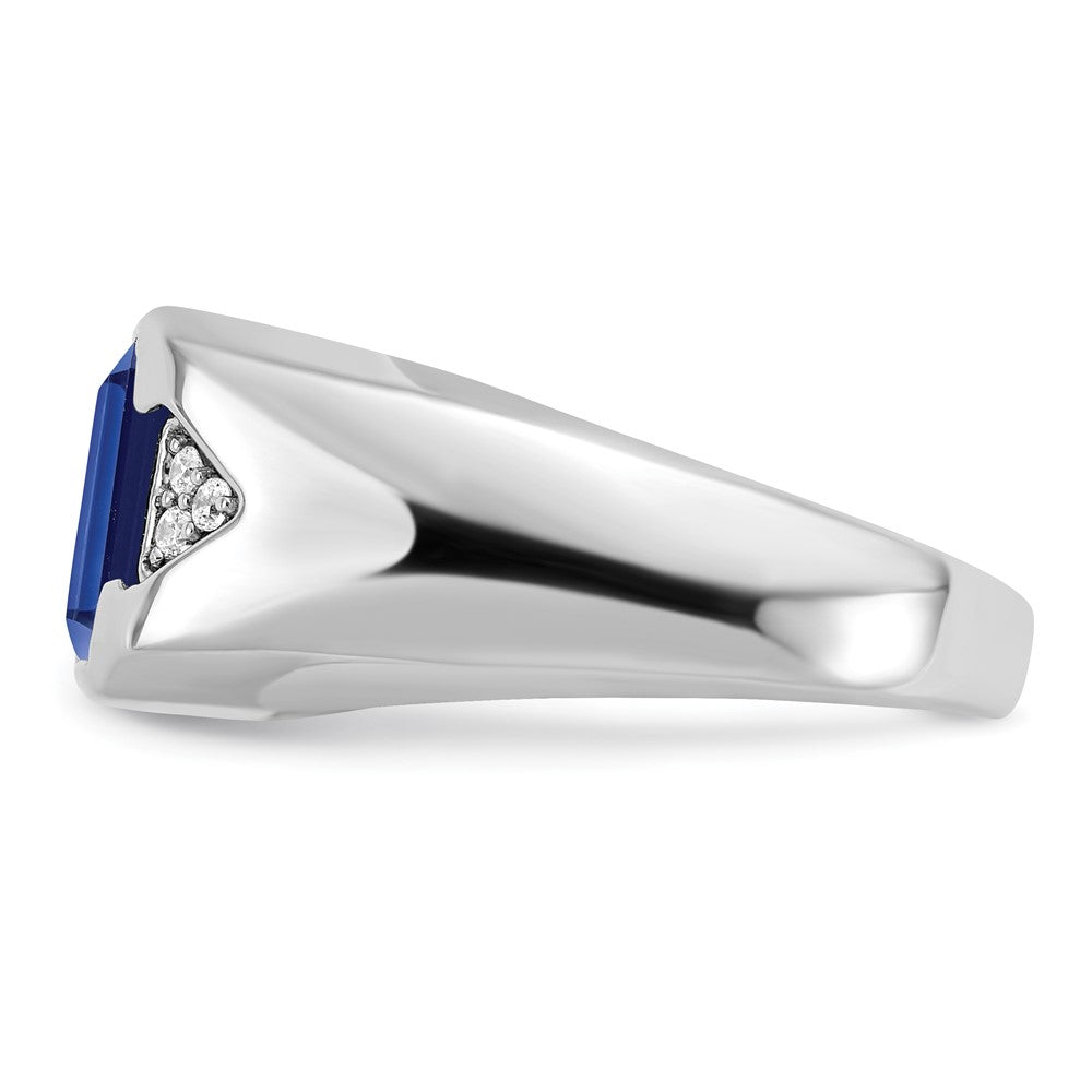 14k White Gold Emerald-cut Created Sapphire and Real Diamond Mens Ring