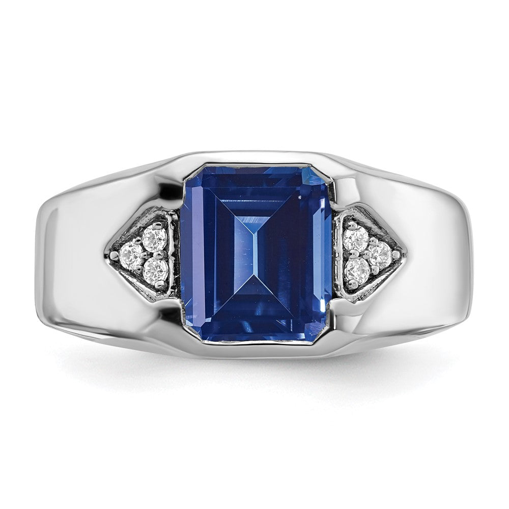 14k White Gold Emerald-cut Created Sapphire and Real Diamond Mens Ring