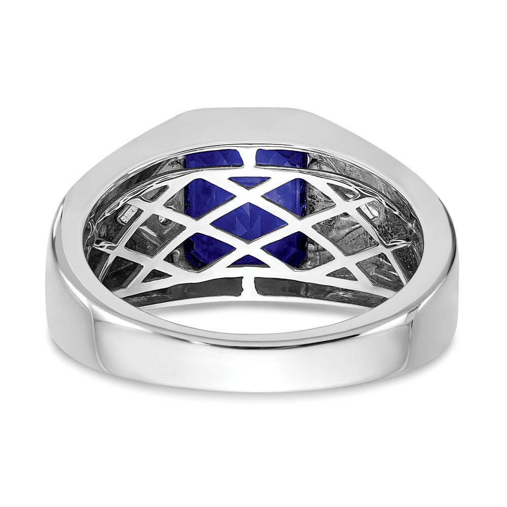 14k White Gold Emerald-cut Created Sapphire and Real Diamond Mens Ring