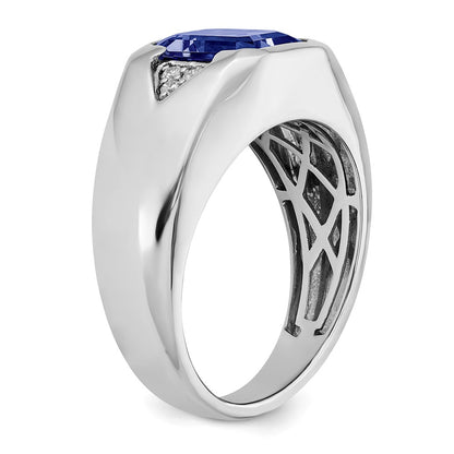 14k White Gold Emerald-cut Created Sapphire and Real Diamond Mens Ring