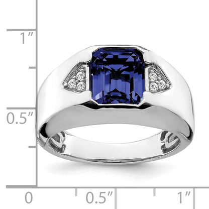 14k White Gold Emerald-cut Created Sapphire and Real Diamond Mens Ring