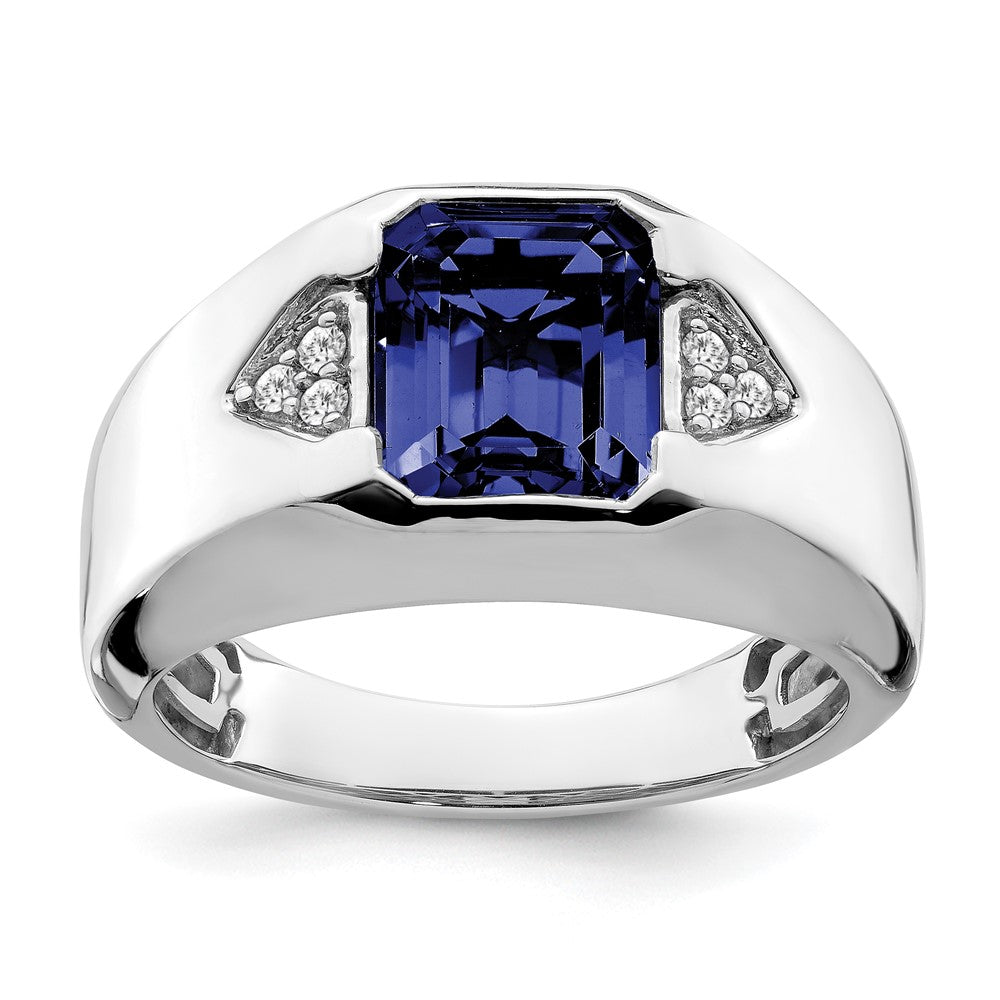 14k White Gold Emerald-cut Created Sapphire and Real Diamond Mens Ring
