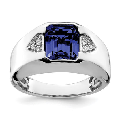 14k White Gold Emerald-cut Created Sapphire and Real Diamond Mens Ring