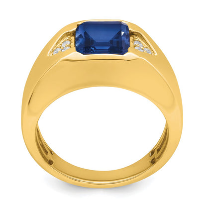 14K Yellow Gold Emerald-cut Created Sapphire and Real Diamond Mens Ring