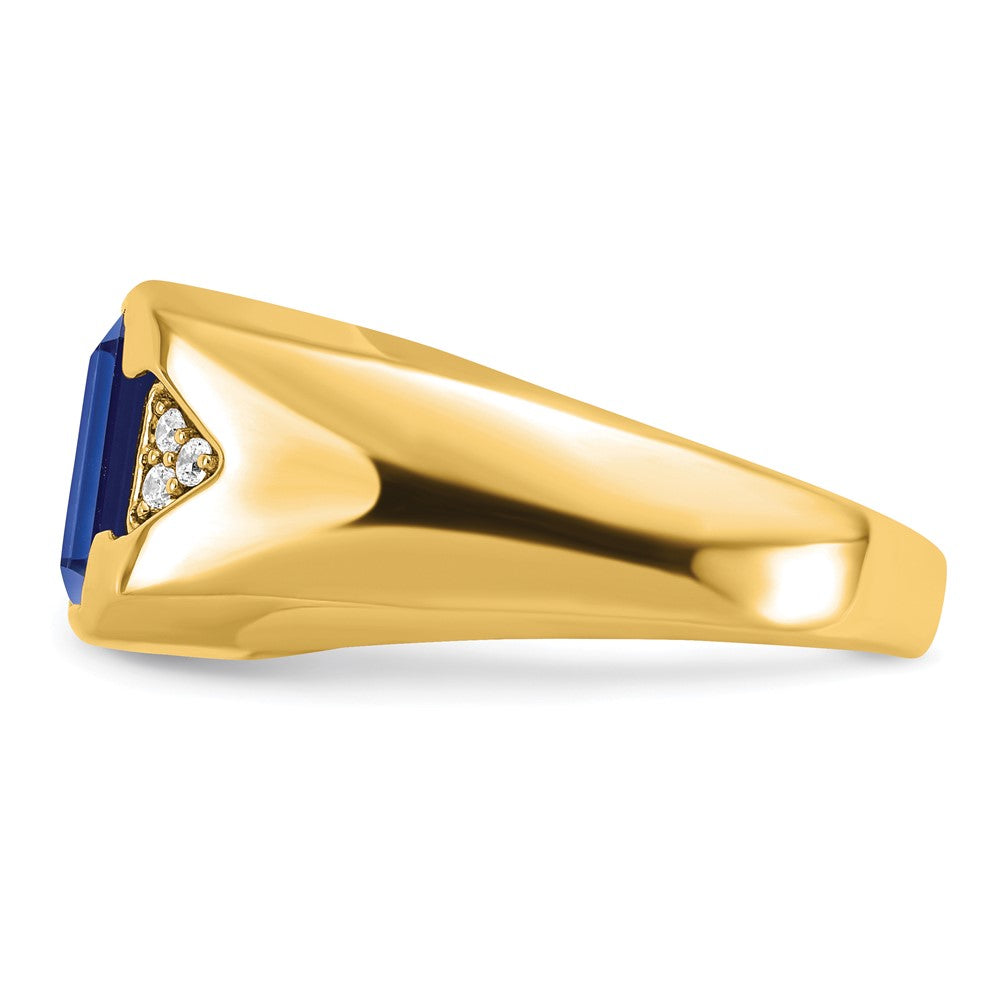 14K Yellow Gold Emerald-cut Created Sapphire and Real Diamond Mens Ring