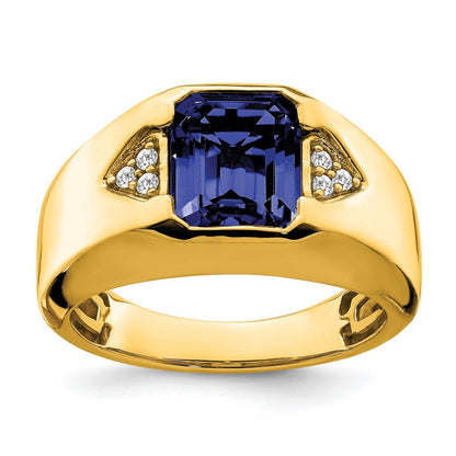 14K Yellow Gold Emerald-cut Created Sapphire and Real Diamond Mens Ring