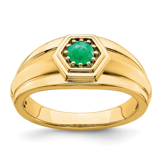Solid 14k Yellow Gold Simulated Emerald Mens Ring