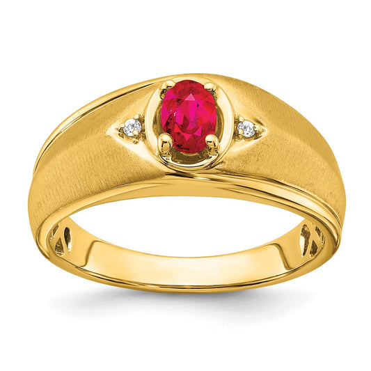 14K Yellow Gold Oval Ruby and Real Diamond Mens Ring