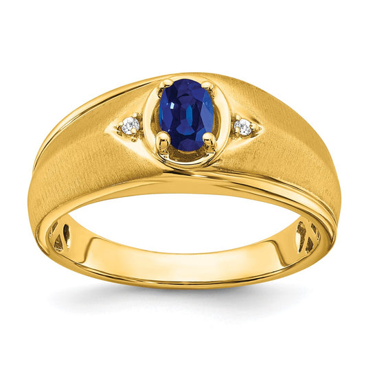 14K Yellow Gold Oval Sapphire and Real Diamond Mens Ring