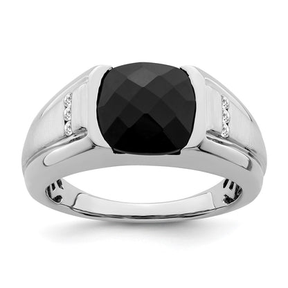 14k White Gold Onyx and Real Diamond Mens Ring