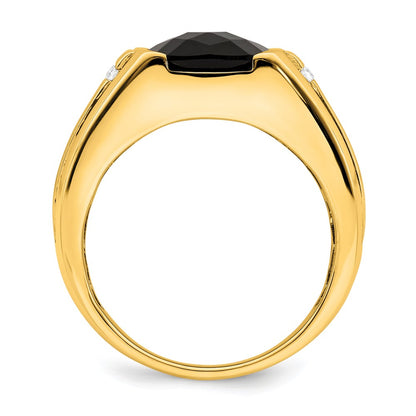 14K Yellow Gold Onyx and Real Diamond Mens Ring