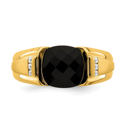 14K Yellow Gold Onyx and Real Diamond Mens Ring