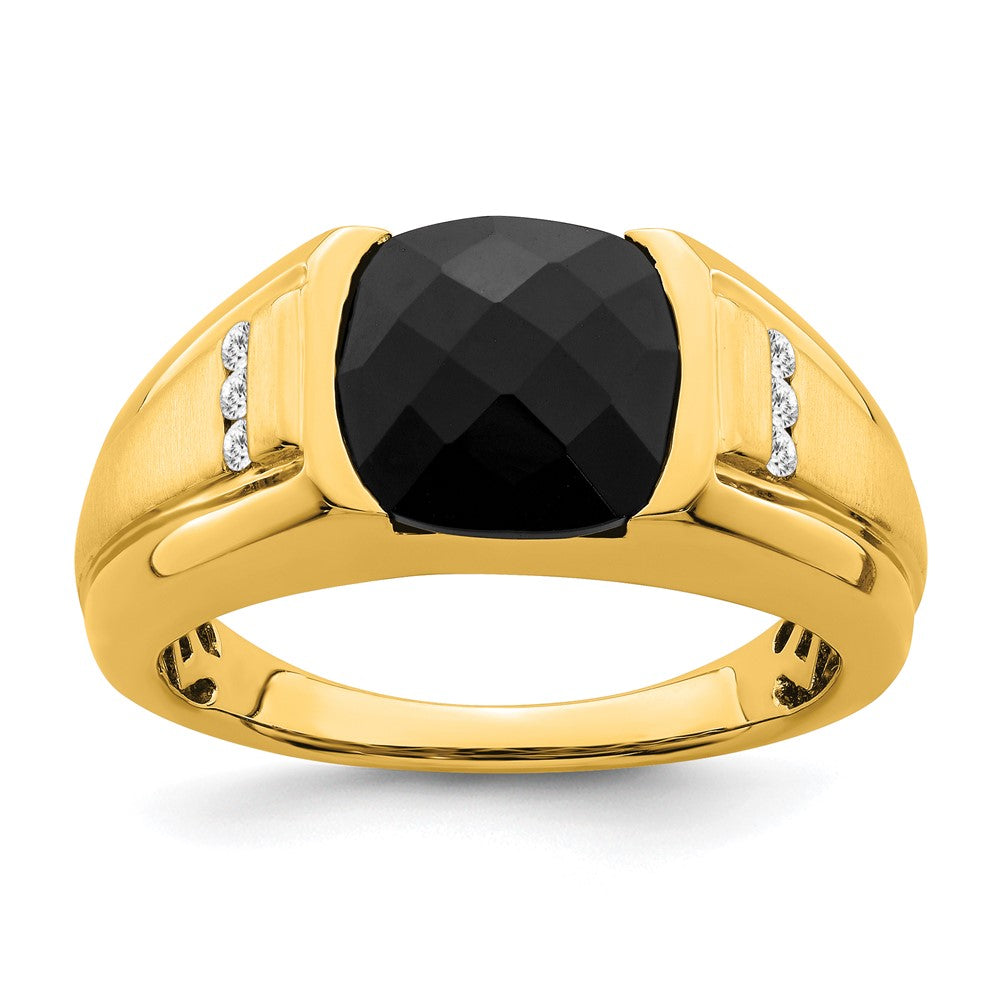 14K Yellow Gold Onyx and Real Diamond Mens Ring